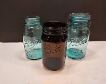 Vintage Ball Ideal Blue And Brown Glass Jars - Lot of 3