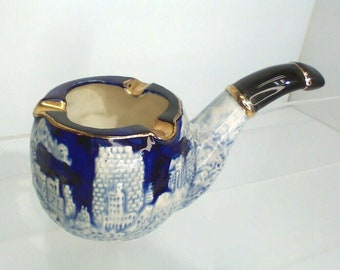 Japanese Anarco Ceramic Pipe Ashtray - Blue & White with Gold
