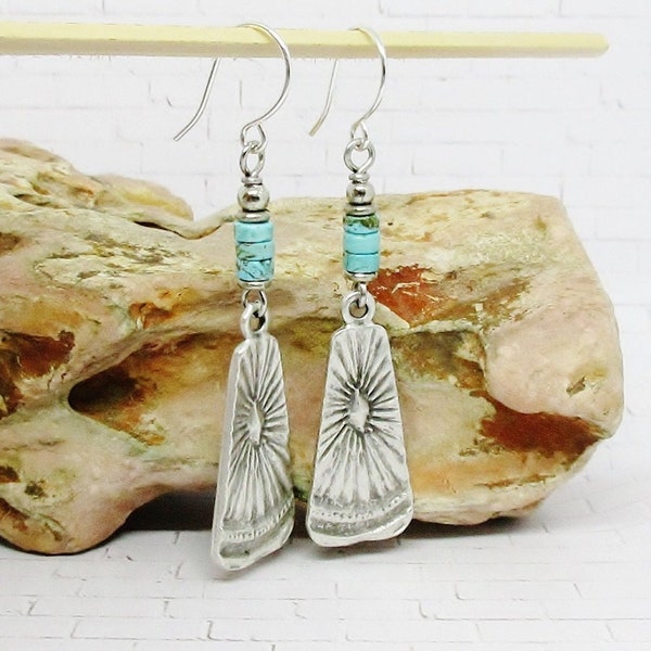 Boho Silver Earrings - Sunburst Earrings - Turquoise Dangle Earrings - Boho Southwestern Turquoise Earrings - Silver Earrings