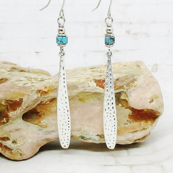 Boho Earrings - Long Earrings - Boho Silver Earrings - Hammered Silver Stick Dangles - Silver Turquoise Drop Earrings - Long Dangle Earrings