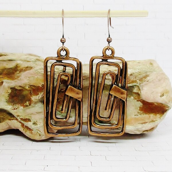 Copper Rectangle Earrings - Copper Geometric Earrings - Rectangle Earrings - Spiral Earrings - Boho Earrings - Copper Dangles