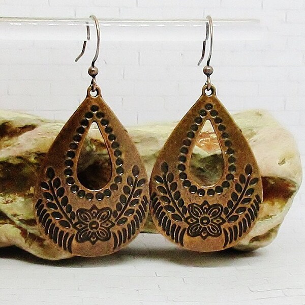 Copper Teardrop Earrings - Boho Copper Teardrop Dangles - Large Copper Drop Dangle Earrings - Etched Design Copper Earrings -  Boho Jewelry