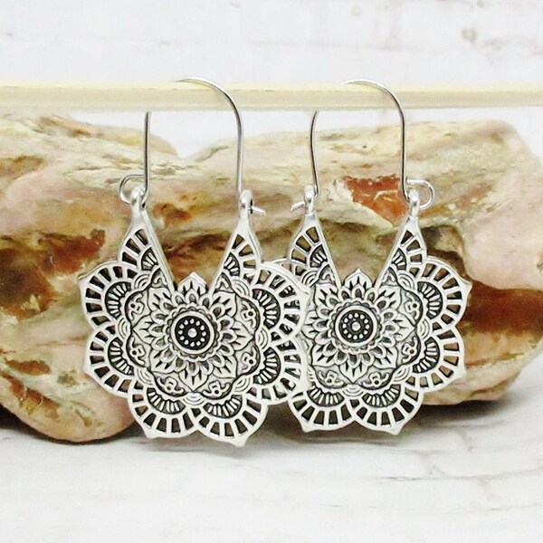 Mandala Earrings- Ethnic Earrings - Silver Hoop Earrings - Boho Silver Hoops - Bohemian Statement Earrings - Boho Flower Drop Earrings