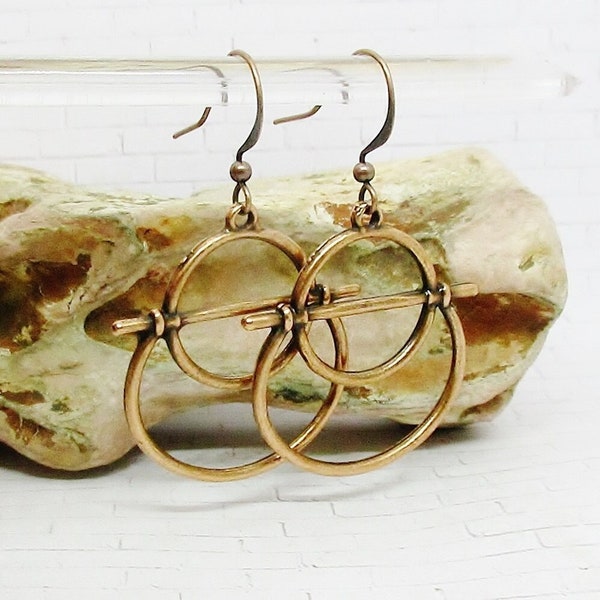 Boho Copper Earrings - Coppe Dangle Earrings - Boho Double Hoop Earrings - Circle and Crescent Earrings - Boho Dangle Earrings