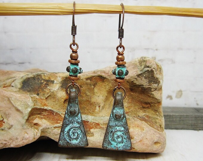 Blue Patina Dangle Earrings Greek Bead Earrings Boho Patina Dangles Bohemian Copper Earrings Boho Patina Earrings