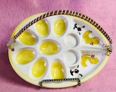 DEVILED EGG PLATE Hand Painted Vintage Ceramic Mid Century Hen Chicks Yellow White Platter Tray Wicker Handle Holiday Buffet Dish