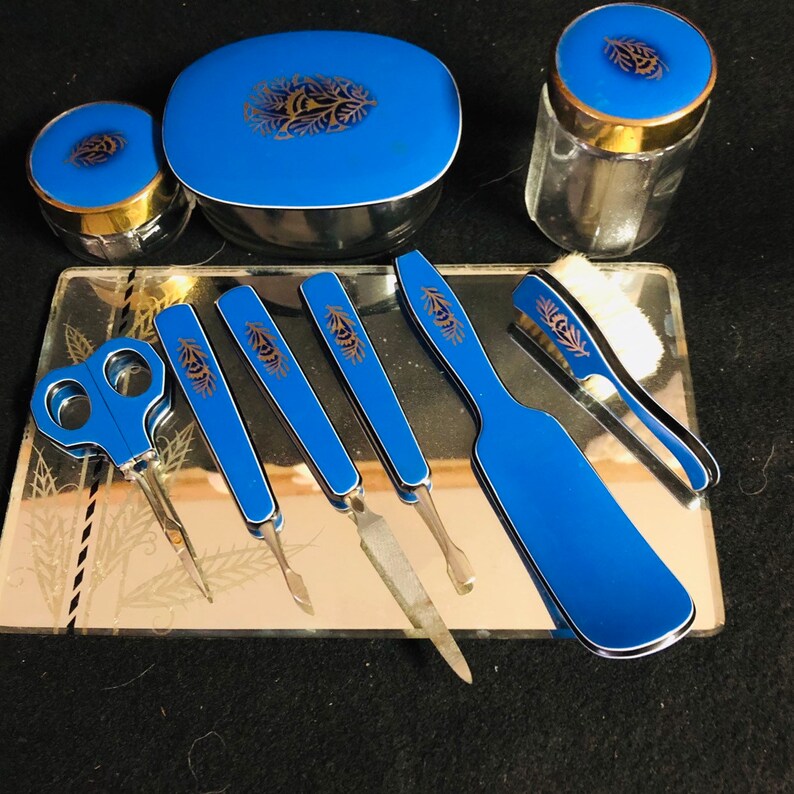 9 Pc Art Deco Bakelite Dresser Vanity Set Deep Royal Blue W Etsy
