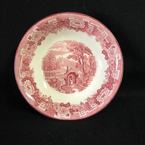 9 x 12 Serving Platter Barratts Of Staffordshire Old English England Pink Red Transfer Ware Millpond Scene Classic Floral Border