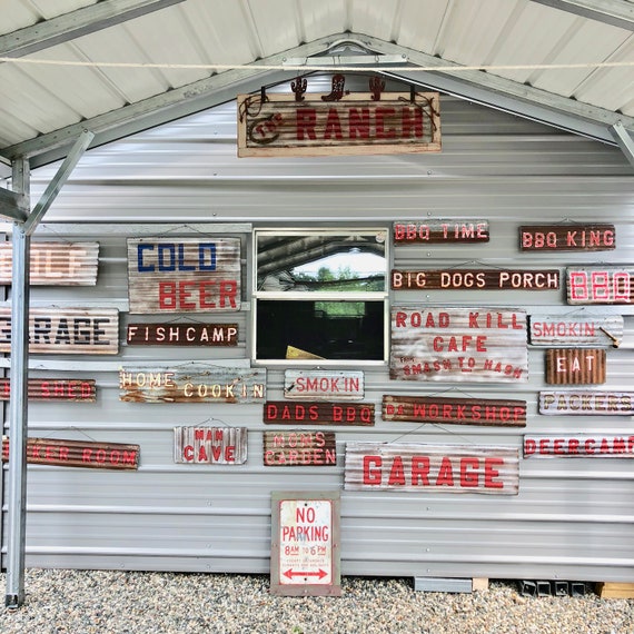 Vintage Rustic Corrugated Metal Garage Sign Weathered Old Rusty Shabby Salvage 28 Inches Wide X 10 Inches Tall 2