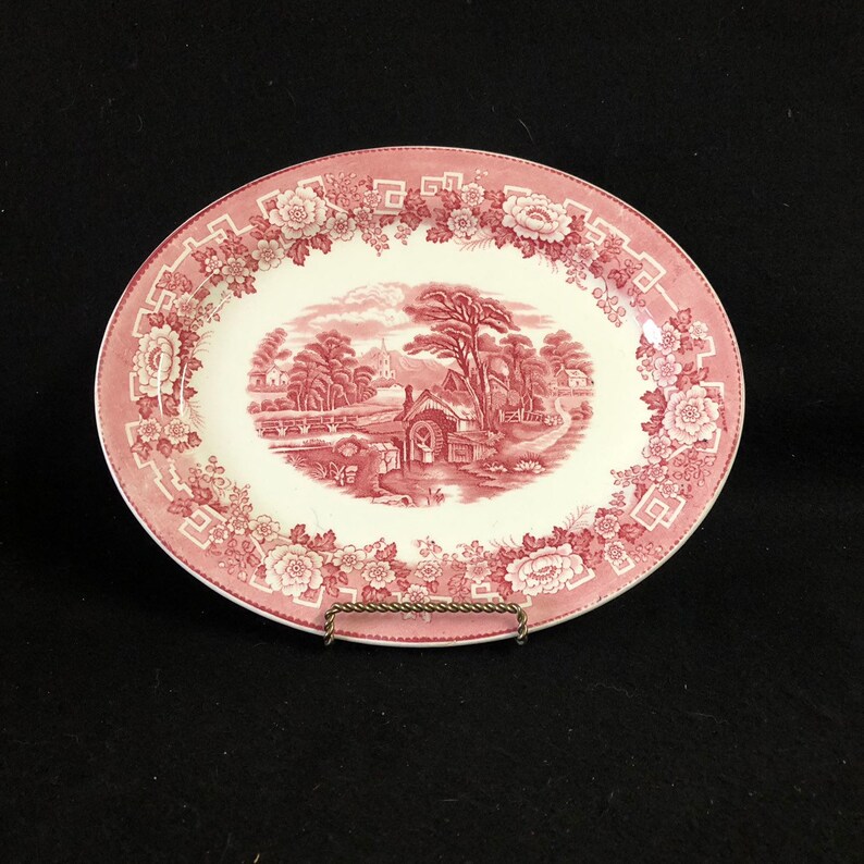 9 x 12 Serving Platter Barratts Of Staffordshire Old English England Pink Red Transfer Ware Millpond Scene Classic Floral Border