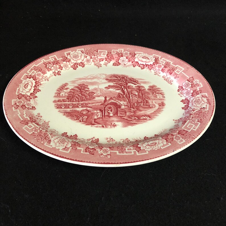 9 x 12 Serving Platter Barratts Of Staffordshire Old English England Pink Red Transfer Ware Millpond Scene Classic Floral Border