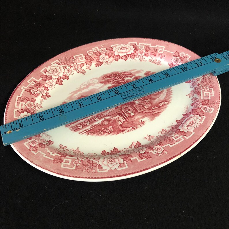 9 x 12 Serving Platter Barratts Of Staffordshire Old English England Pink Red Transfer Ware Millpond Scene Classic Floral Border