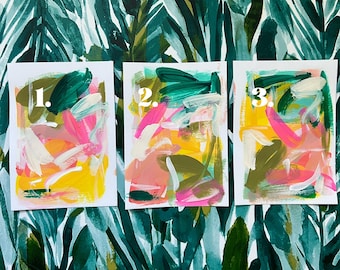 Pintura Abstrata Original | Verde . Rosa . Amarelo | Arte | Acrílico sobre Papel | 5x7