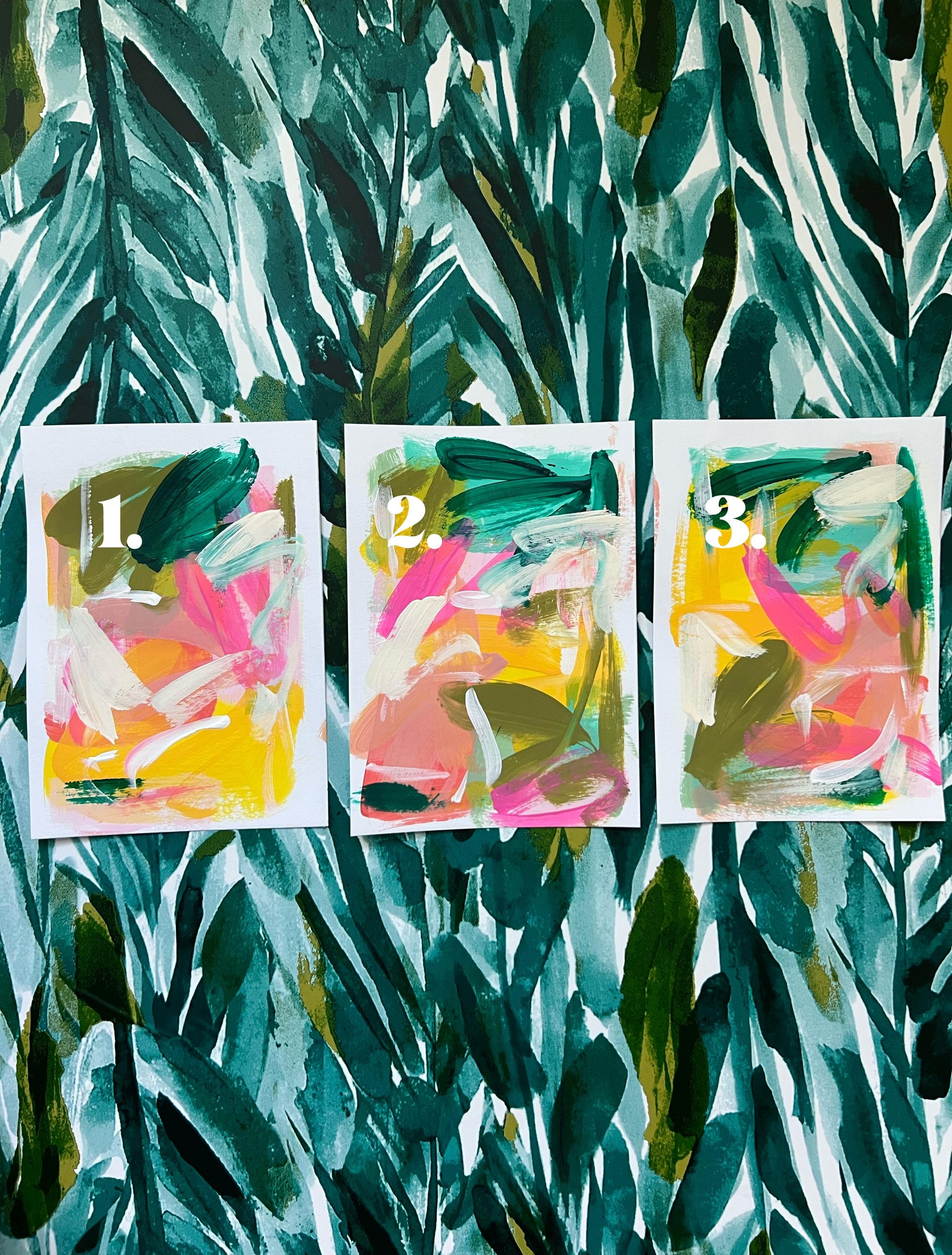 オリジナル抽象画 | 緑、ピンク、黄色 | アート | 紙にアクリル | 5x7