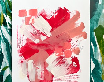 Arte Abstrata Original | 8x10 | Acrílico sobre Papel | Vermelho . Coral . Branco