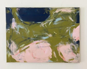 Arte abstrata ORIGINAL em tela esticada | 12 x 16 x .75 | Azul-marinho. Rosa. Pêssego. Coral