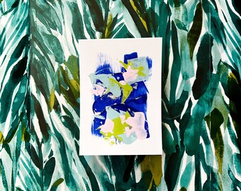 Conjunto de 2: Pintura Abstrata Original | Verde. Azul. Rosa | Acrílico sobre papel | 5x7