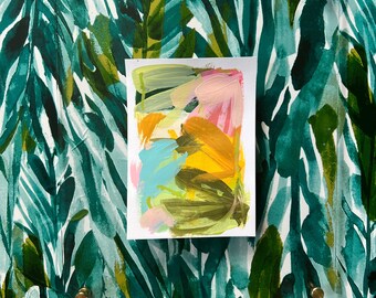 Conjunto de 2: Pintura Abstrata Original | Amarelo. Azul. Rosa. Verde | Acrílico sobre Papel | 5x7