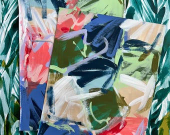 Conjunto de 2 | 11x14 | Acrílico sobre papel | Azul-marinho. Verde. Pêssego. Vermelho. Roxo