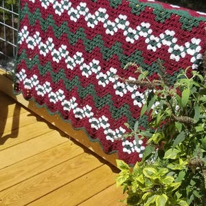 Afghan - forest green, white, cranberry warm blanket crochet - custom order