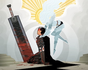 May include: A black and white illustration of a man kneeling with a large sword behind him. A white angel with wings is hovering above him. The background is a light gray with a yellow sun.