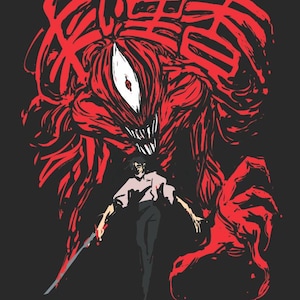 May include: A red and black illustration of a monster with a single eye and sharp teeth. A person with black hair is standing in front of the monster, holding a sword.