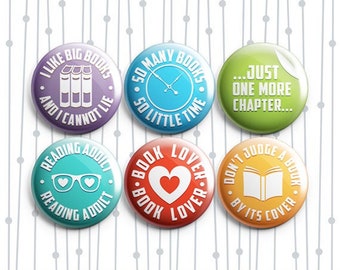 Reading Library Book Lover 6 Pack - Pinback Badges / Magnets