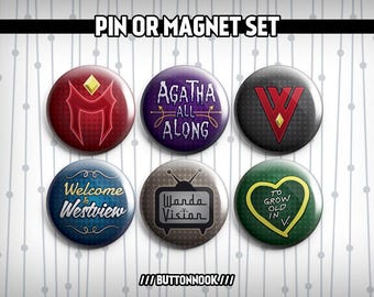 Wandavision Wanda Scarlet Witch Avengers Marvel Superhero MCU Logo 6 Pack - Pinback Badges / Magnets