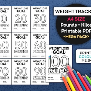 May include: Printable weight loss tracker sheets in black and white. The sheets feature different weight loss goals in pounds and kilos, from 10 pounds to 100 kilos. The sheets are designed to be printed and colored in. The text on the sheets reads "Weight Loss Goal" and "Print + Color Me In".