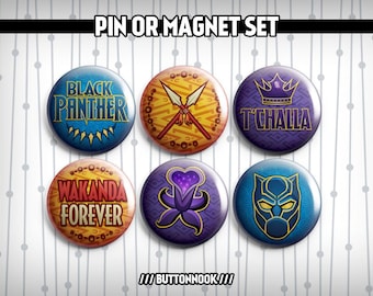 Black Panther Wakanda Marvel 6 Pack - Pinback Badges / Magnets