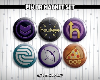 Hawkeye Avengers Marvel Superhero MCU Logo 6 Pack - Pinback Badges / Magnets