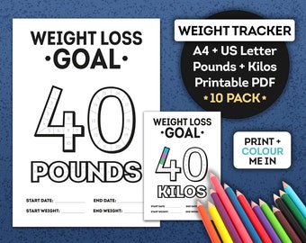 40 lbs kg Weight Loss Goal Tracker PRINTABLE PDF for weight loss fitness activity habit progress tracking Pounds Kilos