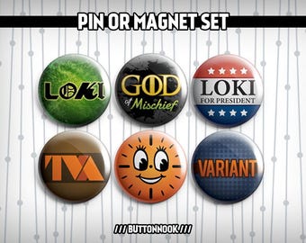 Loki Avengers Marvel Superhero MCU Logo 6 Pack - Pinback Badges / Magnets