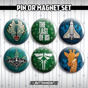 The Last of Us TLOU - Pack de 6 insignias/imanes con forma de Clicker, Ellie, Joel, Luciérnaga, Jirafa y Polilla