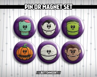 Monster Spooky Halloween Horror 6 Pack - Pinback Badges / Magnets