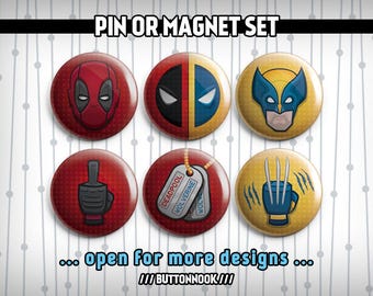 Deadpool + Wolverine Marvel 6 Pack - Pinback Badges / Magnets