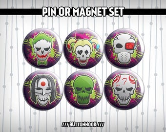 Suicide Squad 2021 or 2016 Versions Skull 6 Pack - Pinback Badges / Magnets