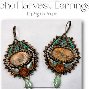 May include: A pair of bohemian style earrings with a brown and orange agate stone, turquoise beads, and gold accents. The earrings are designed with a teardrop shape and a beaded fringe.