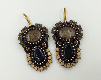 Bead embroidery earrings, beaded earrings, artisan earrings, one of a kind earrings, handcrafted earrings.