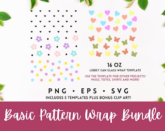 Paquete de envoltura SVG de vaso de lata de cerveza básica, estrellas, flores, corazones, mini corazones, mariposas, 16 oz, Libbey, bricolaje, eps, PNG, clipart, descarga instantánea, bono