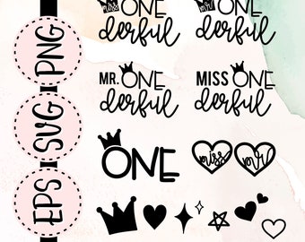 Paquete SVG de primer cumpleaños de Miss Mr Onederful, clipart, archivo digital Cricut - proyecto de bricolaje dibujado a mano eps png y SVG