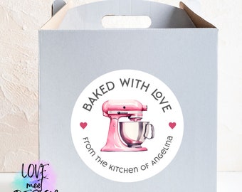 Pegatinas personalizadas para panadería: Batidora rosa, etiquetas horneadas con amor