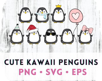Kawaii pinguïn clipartset, schattige doodle vector (digitale download)