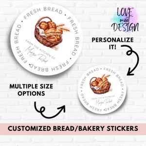 May include: White round sticker with a brown wicker basket filled with fresh bread loaves and a wheat stalk. The text on the sticker reads "Fresh Bread. Fresh Bread. From the Kitchen of Margie Road."