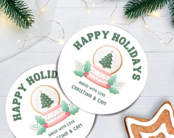 Personalized Christmas Snow Globe Stickers, Holiday Treat Labels (Set of 12)
