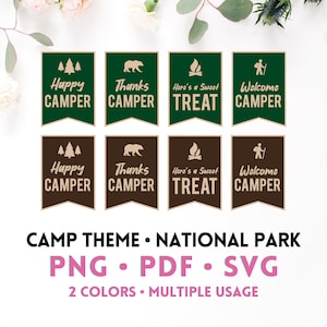 Fête à thème du camp du parc national Happy Camper | Imprimable instantanément | Étiquette | Téléchargement numérique | bannière fanion png pdf svg DIY - campeur heureux