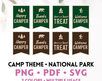 Fiesta temática del campamento del Parque Nacional Happy Camper / Impresión instantánea / Etiqueta / Descarga digital / Banner tipo banderín PNG PDF SVG DIY - happy camper