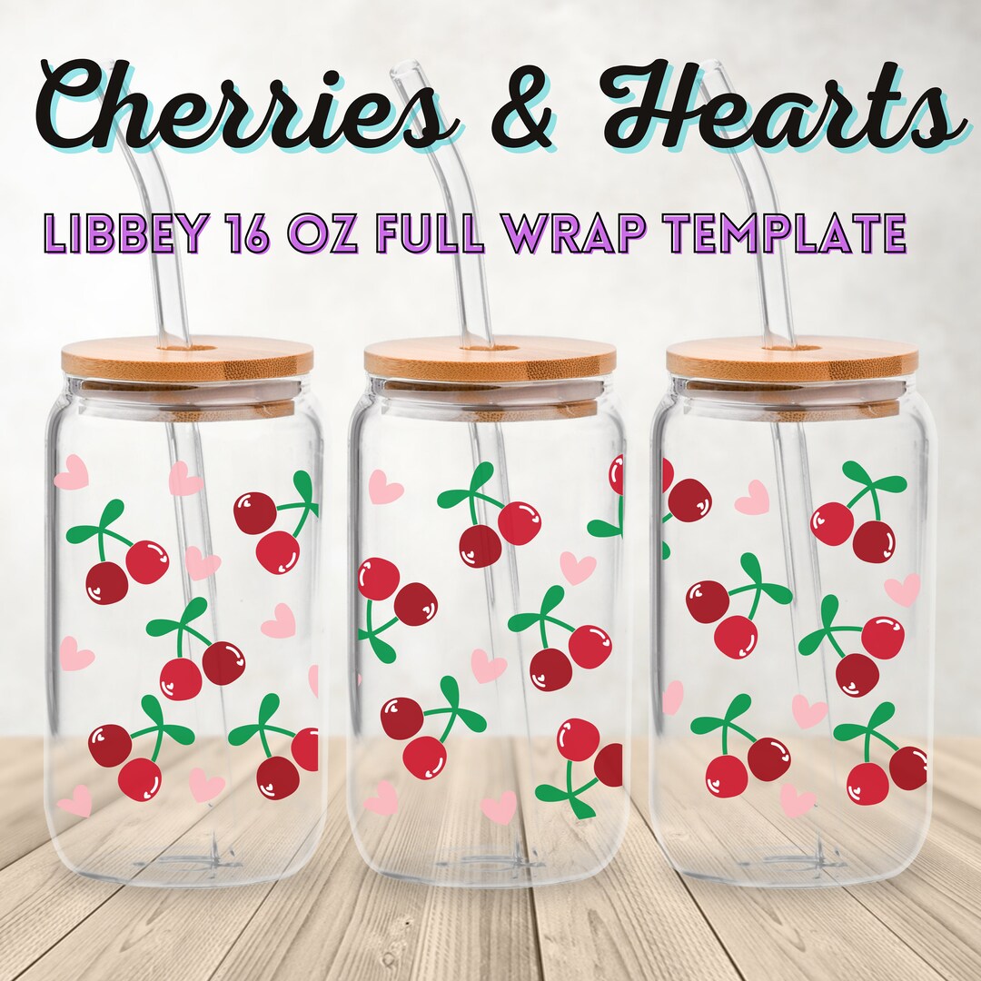 Cherries and Hearts Full Wrap Can Glass Wrap SVG, 16 Oz Glass Cup, Beer ...
