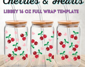 Envoltura de vidrio para lata con cerezas y corazones, SVG, vaso de vidrio de 16 oz, vaso de cerveza Libbey, archivo de corte PNG, Cricut y EPS