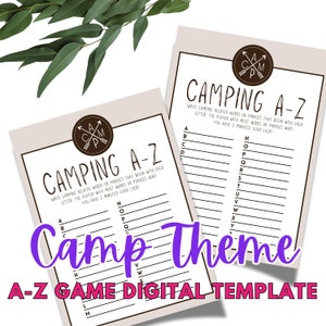 May include: Two printable camping-themed A-Z game templates. Each template features a brown circular logo with the text "CAMP" and "A-Z" written in a handwritten font. The text "CAMPING A-Z" is written at the top of each template.